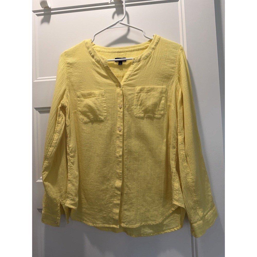 Talbots Petites Yellow Crinkle Gauze Button Down Shirt MP Roll Tab Sleeve